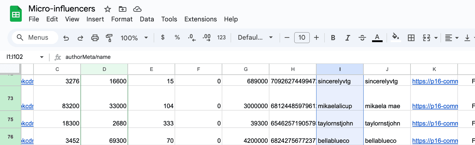 authorMeta/name column in Google Sheets data