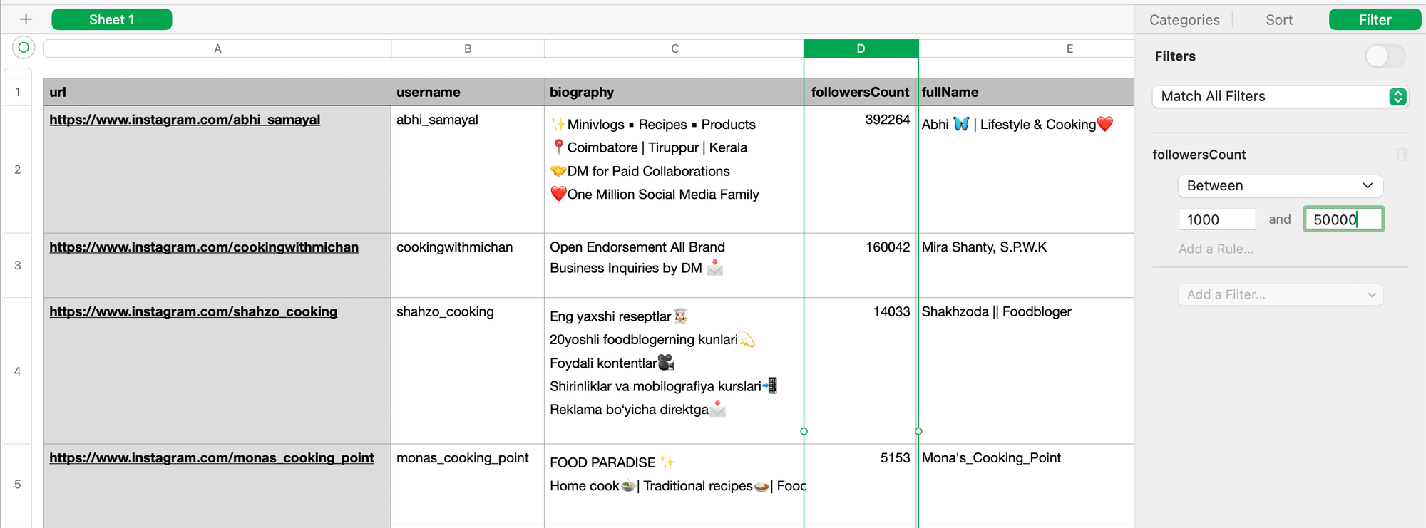 Filtering results in Numbers 