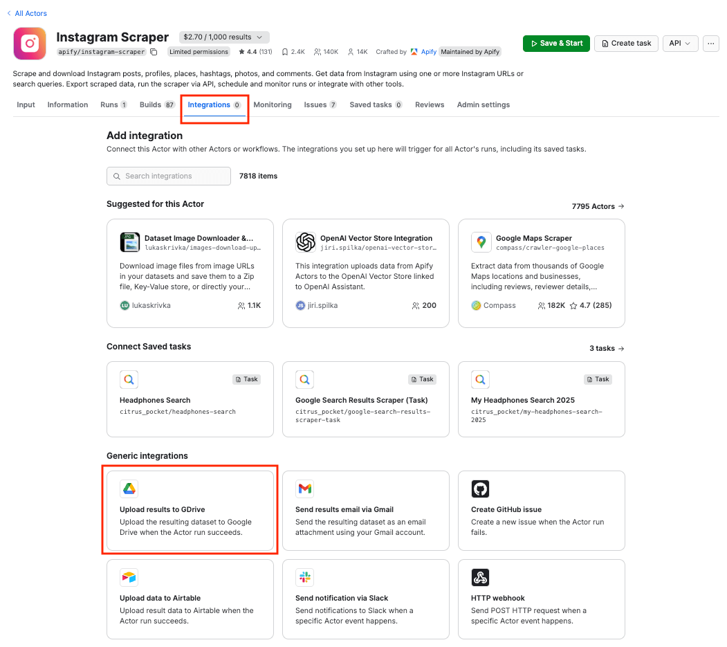 Instagram Scraper integration tab