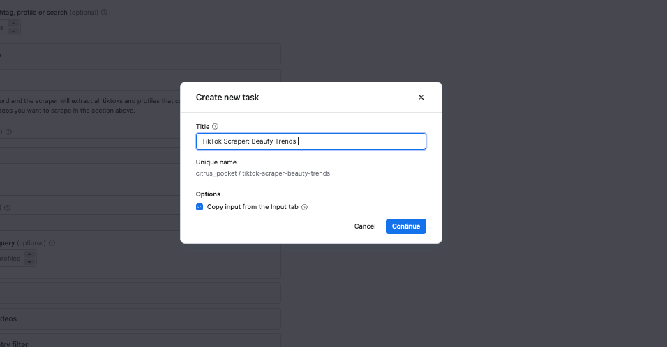 Tik Tok Scraper: name a task