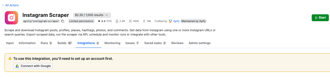 Instagram Scraper connecting to Google account