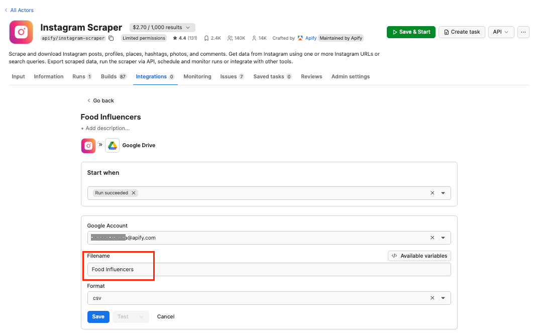 Instagram Scraper’s integration UI 