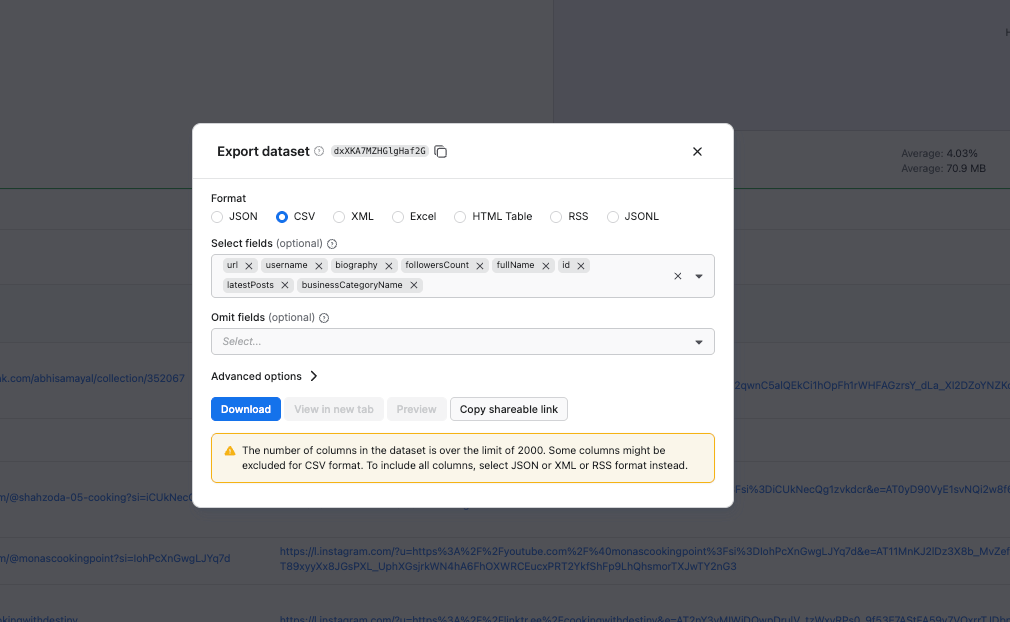 Exporting results from Apify Console 
