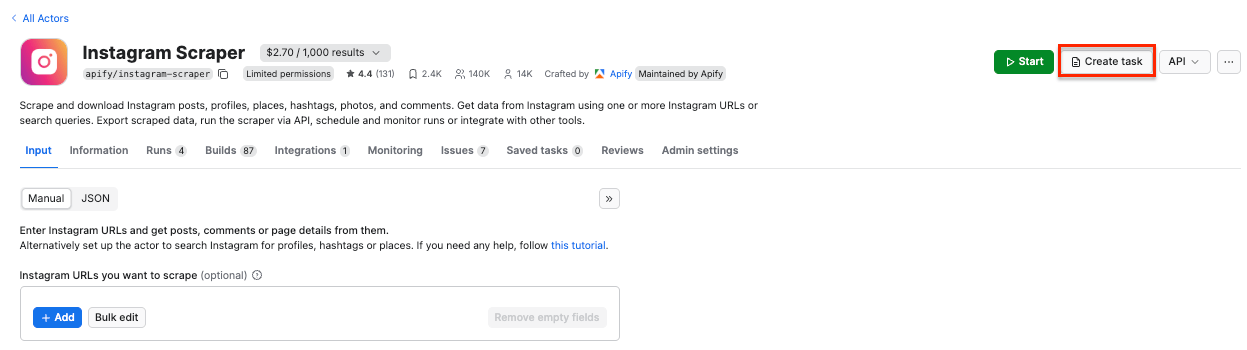Instagram Scraper - Create task