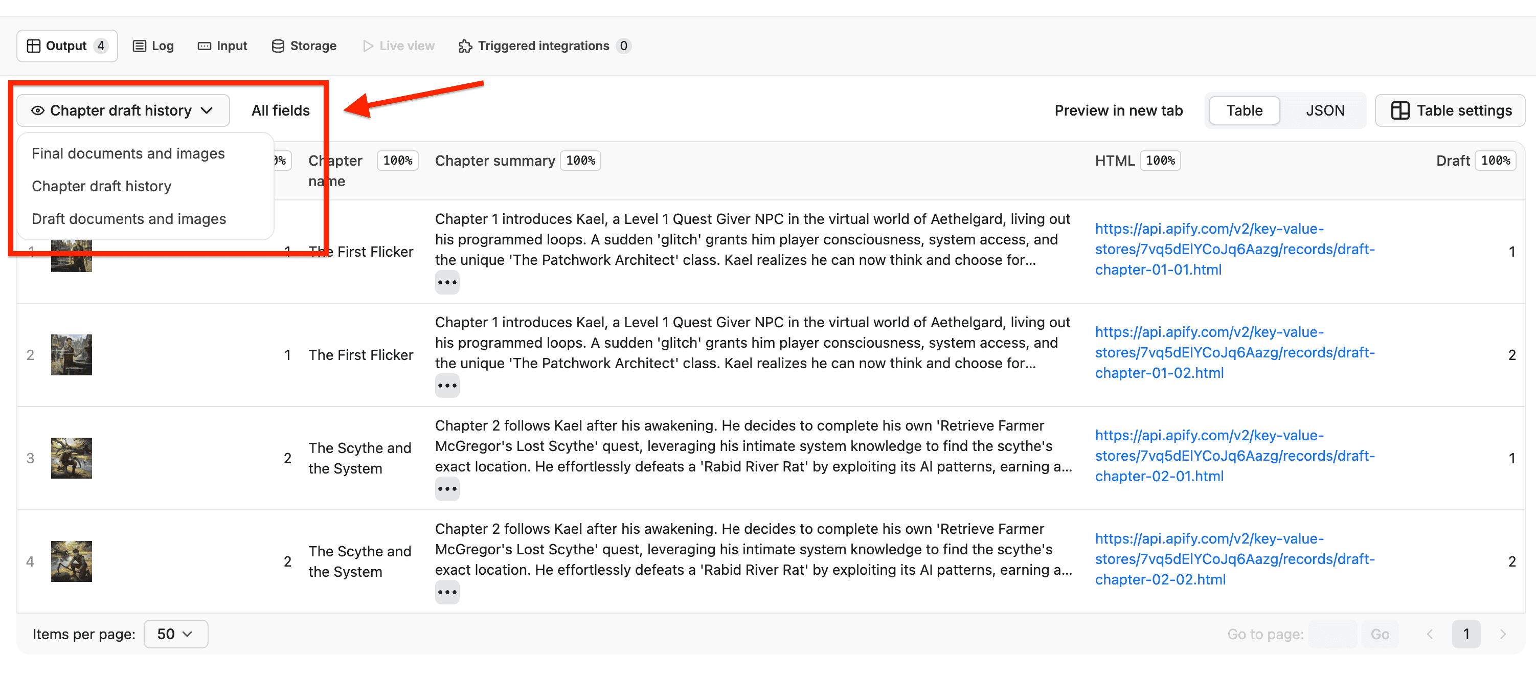 Output tab - mini-dashboard