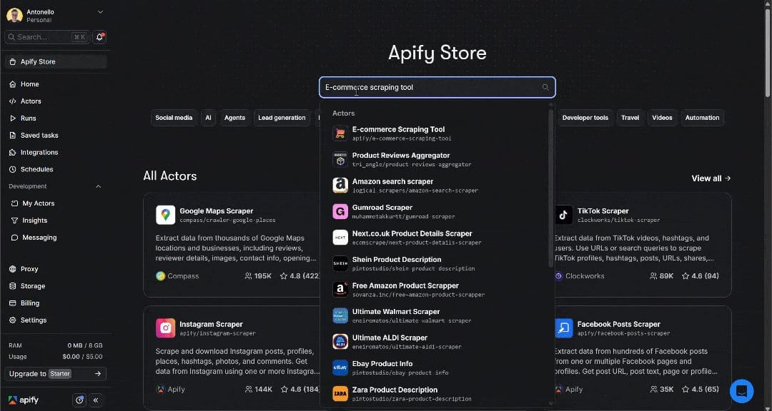 Selecting E-commerce Scraping Tool option