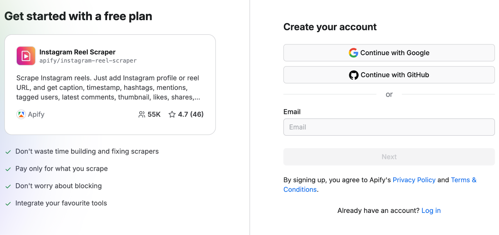 Get started with Instagram Reels Scraper for free today - and get $5 prepaid platform usage