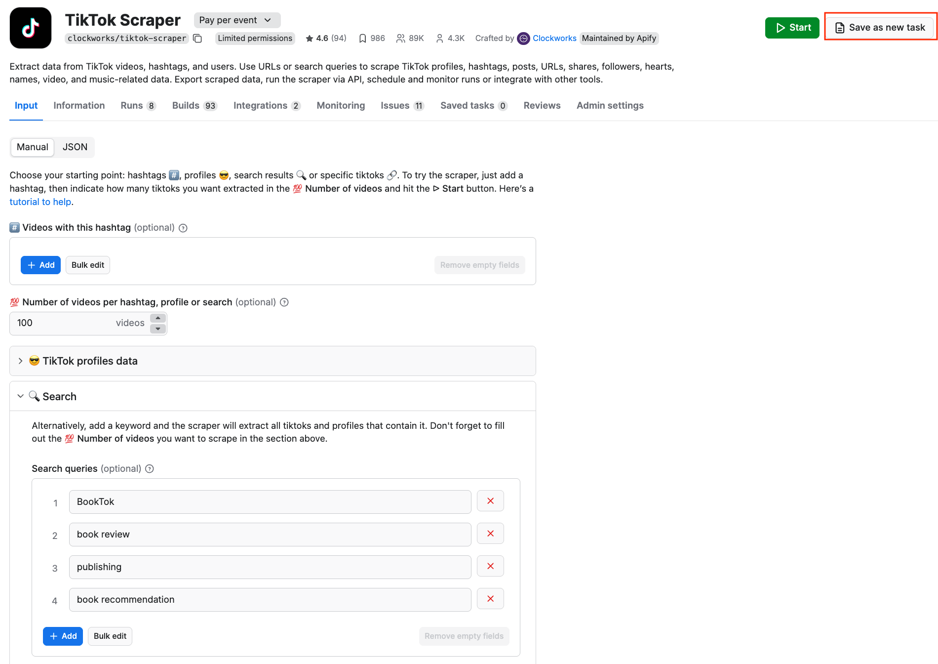 TikTok Scraper - saving Actor run as a new task