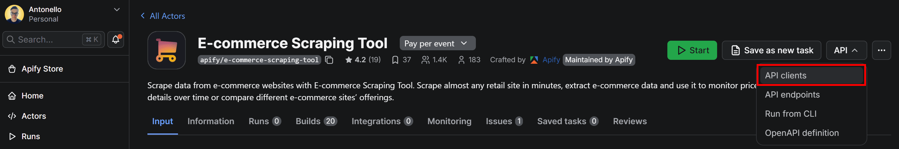 Select the API clients option