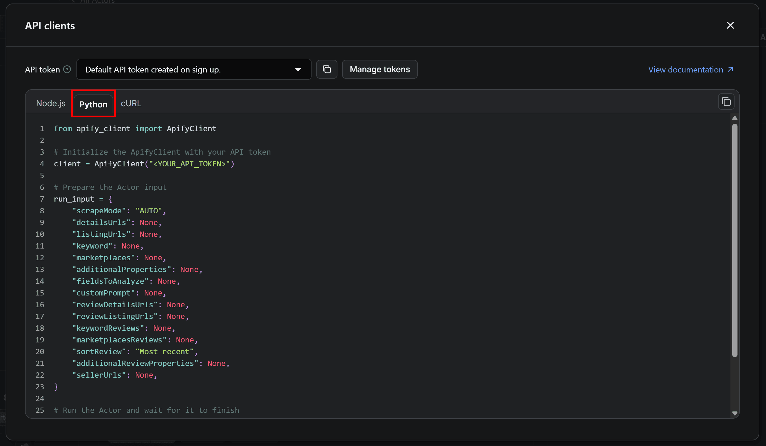 Switching to the Python tab