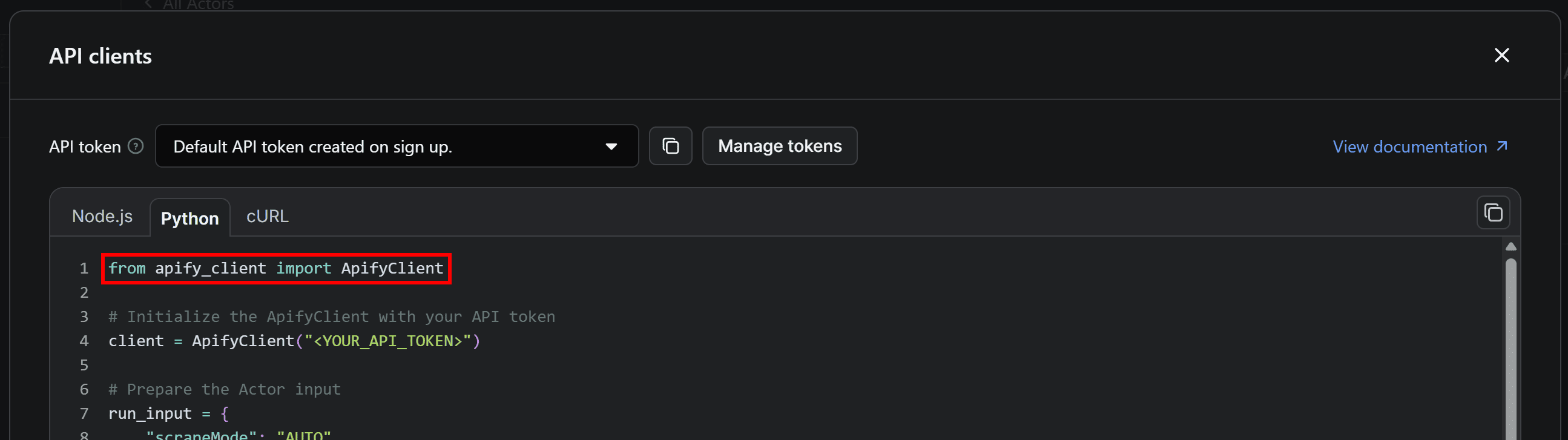 Note the apify_client import in the Python snippet
