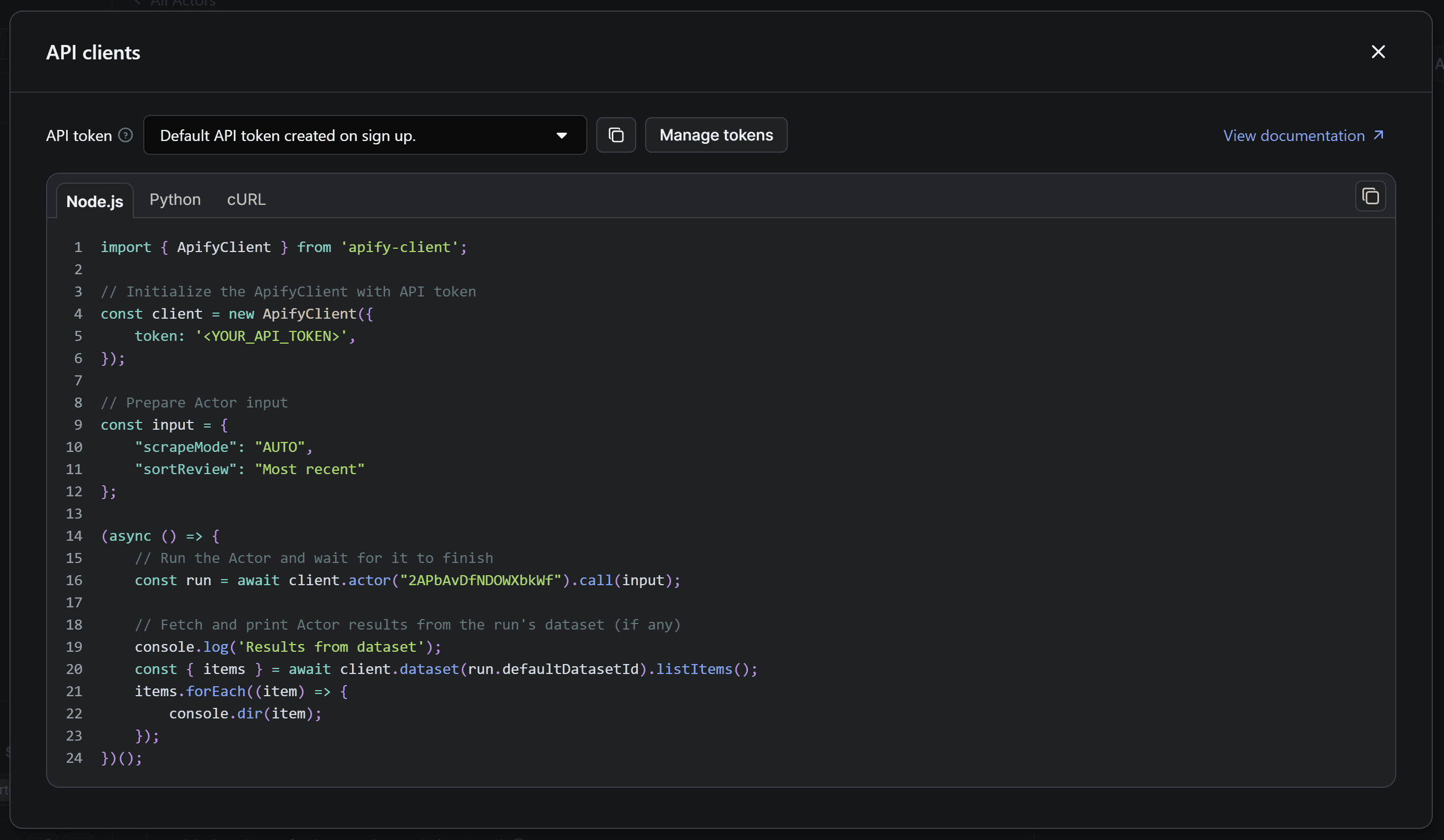 The API clients modal