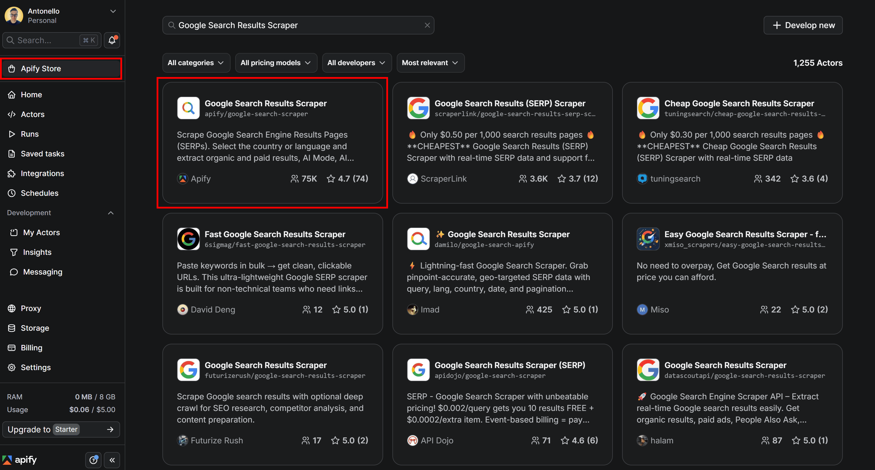 Selecting Google Search Results Scraper