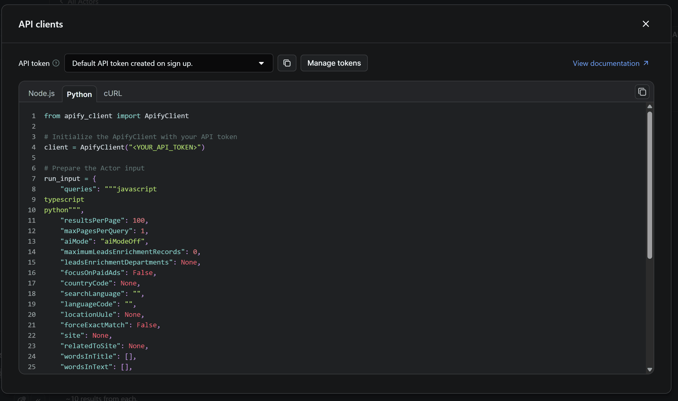 The API clients option