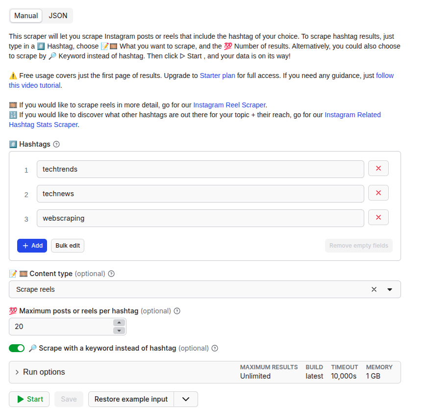 Instagram Hashtag Scraper input