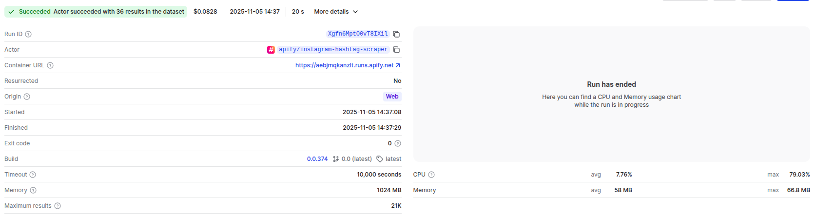 Instagram Hashtag Scraper run overview