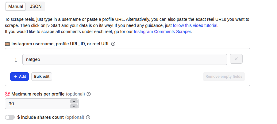 Instagram Reel Scraper input