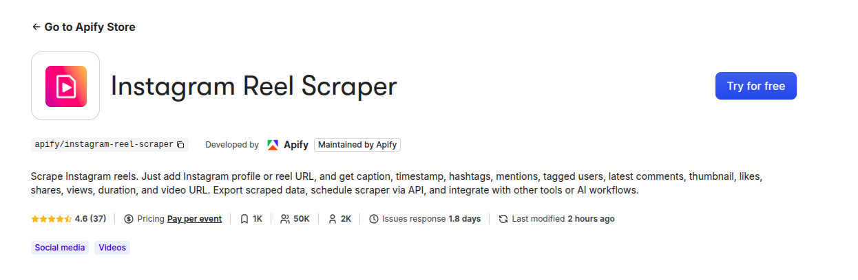 Store page for Instagram Reel Scraper