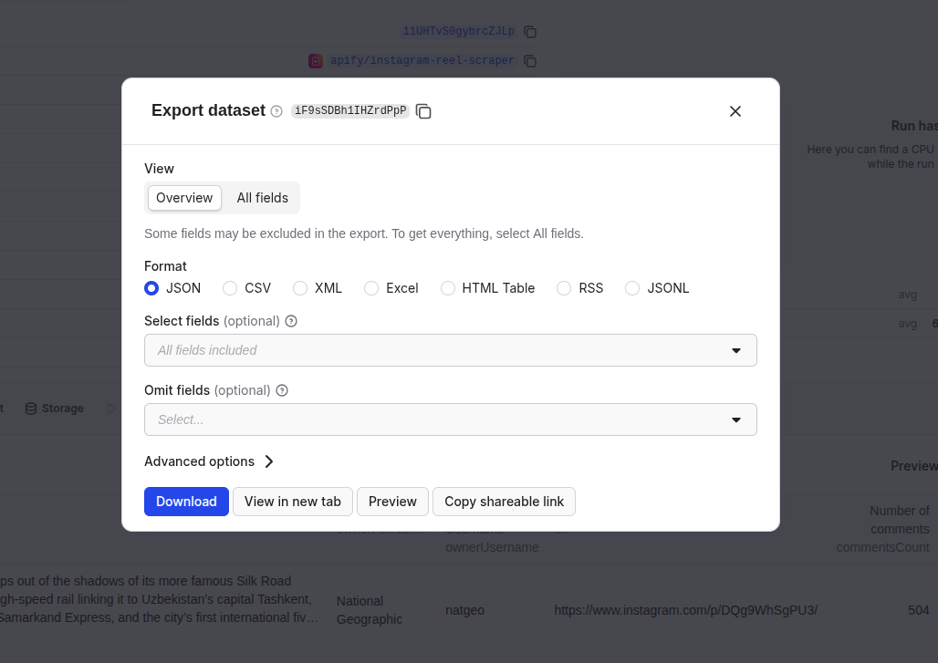 Instagram Reel Scraper export