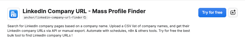 The LinkedIn Company URL - Mass Company Finder page on Apify Store