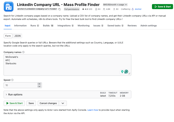 LinkedIn Company URL - Mass Profile Finder input