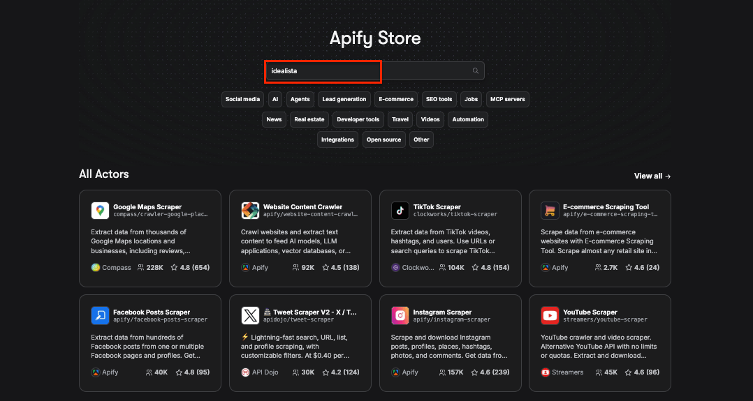 Searching for idealista on Apify Store