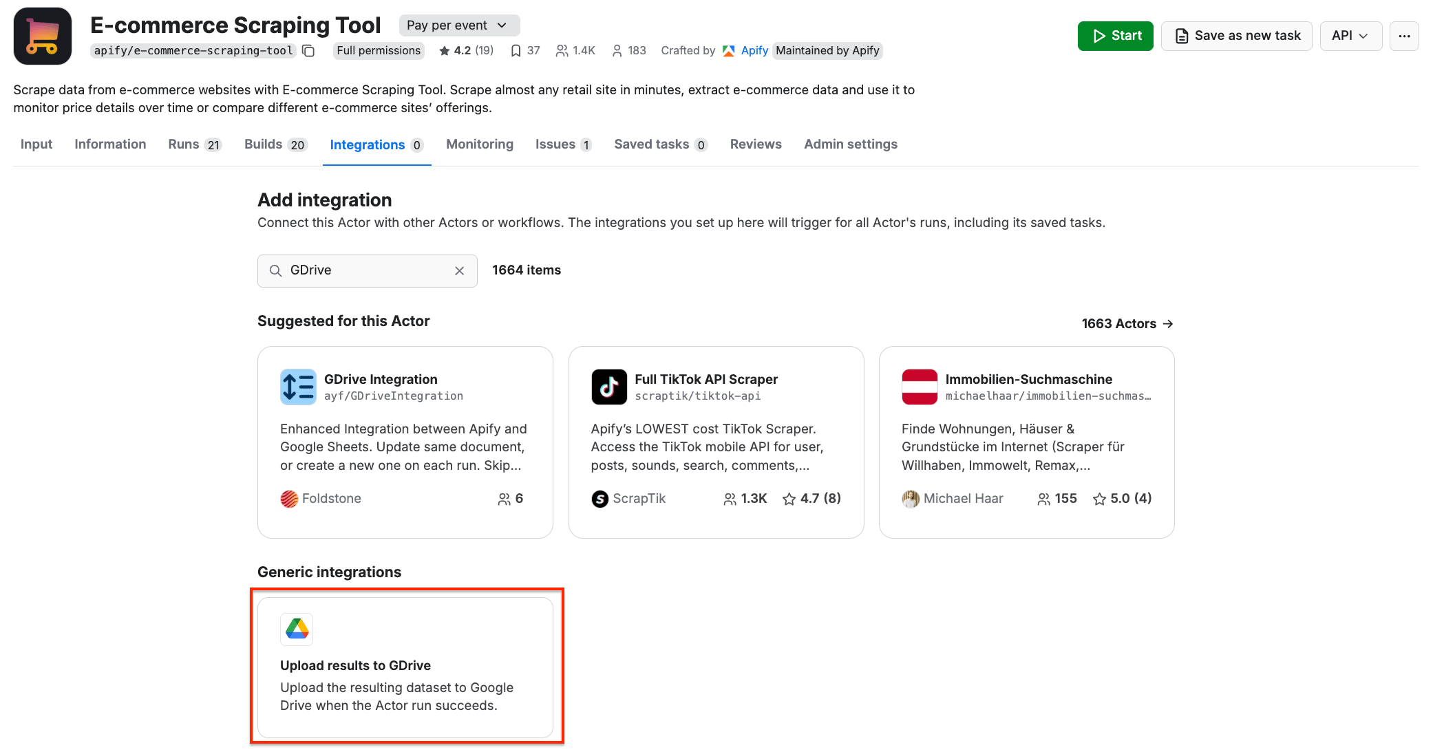 Choosing the integration - E-commerce Scraping Tool and GDrive 