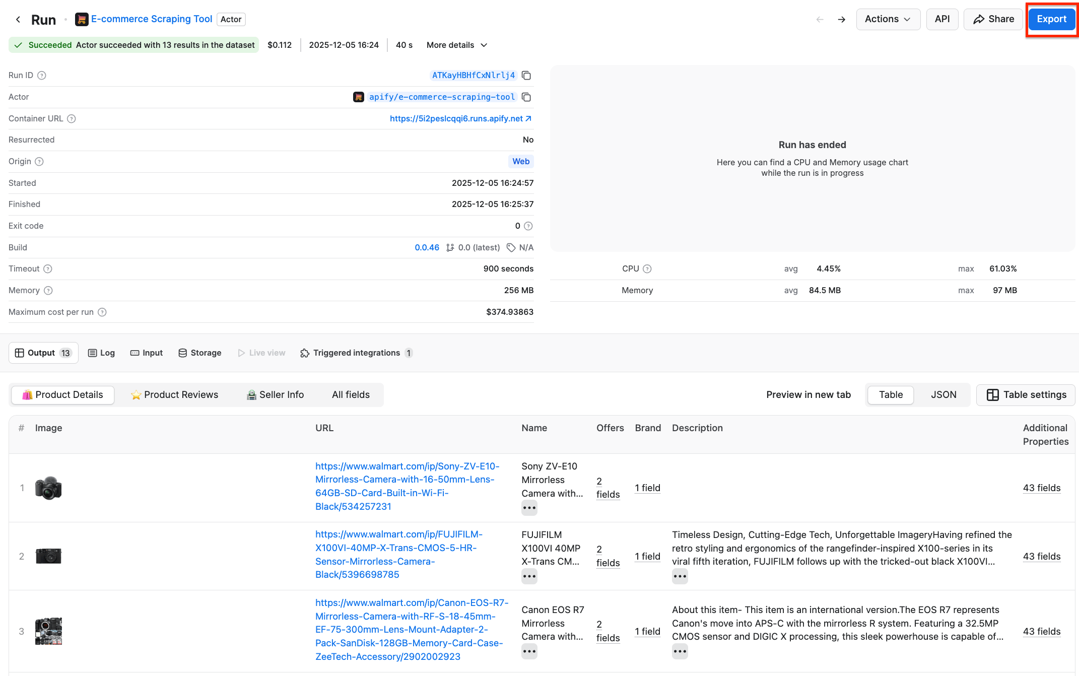 Exporting data directly from Apify Console 