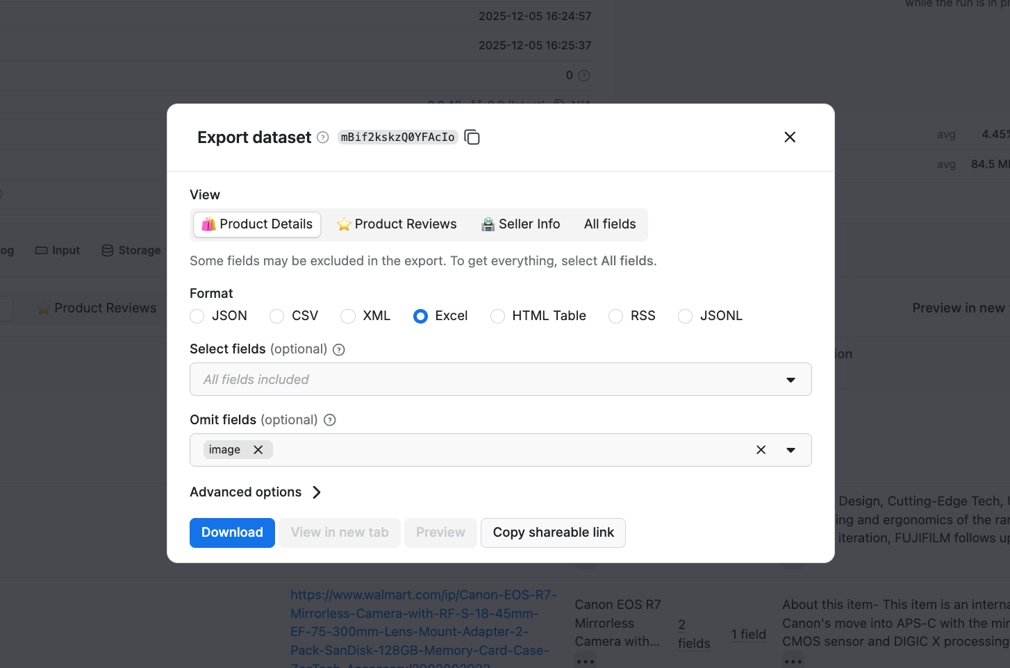 Selecting the dataset format and omitting the image fields 