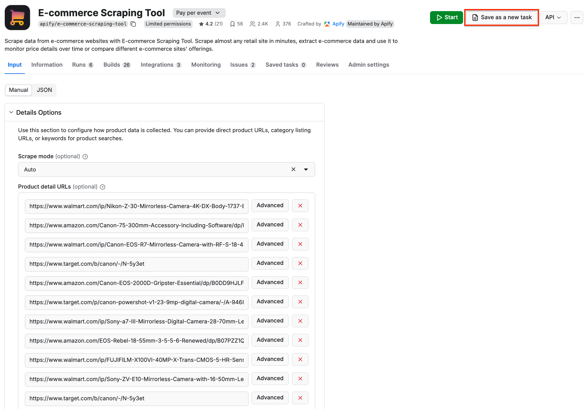 Saving scraping run as a new task in Apify Console 