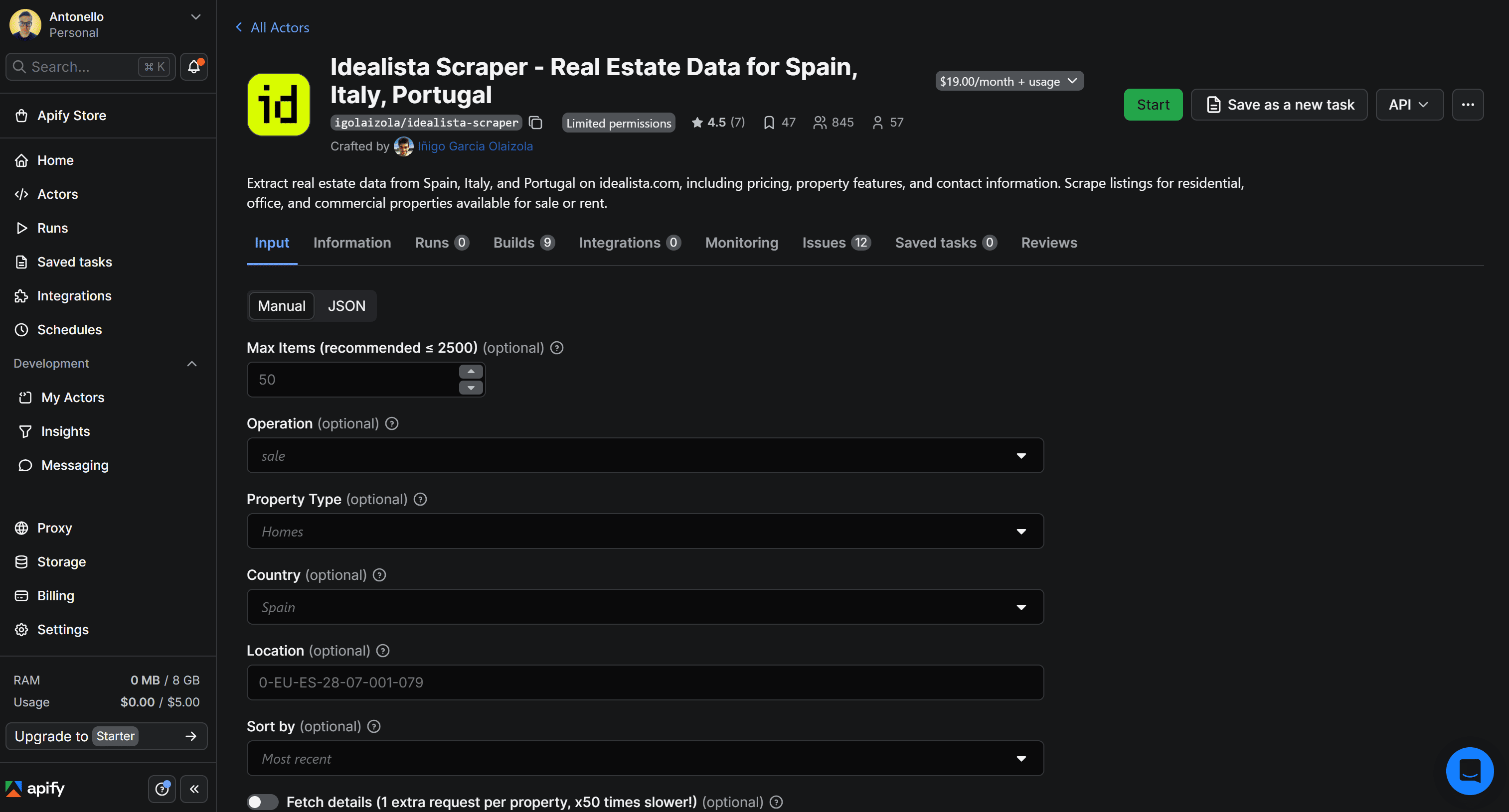 The Actor page of Idealista Scraper - Real Estate Data for Spain, Italy, Portugal