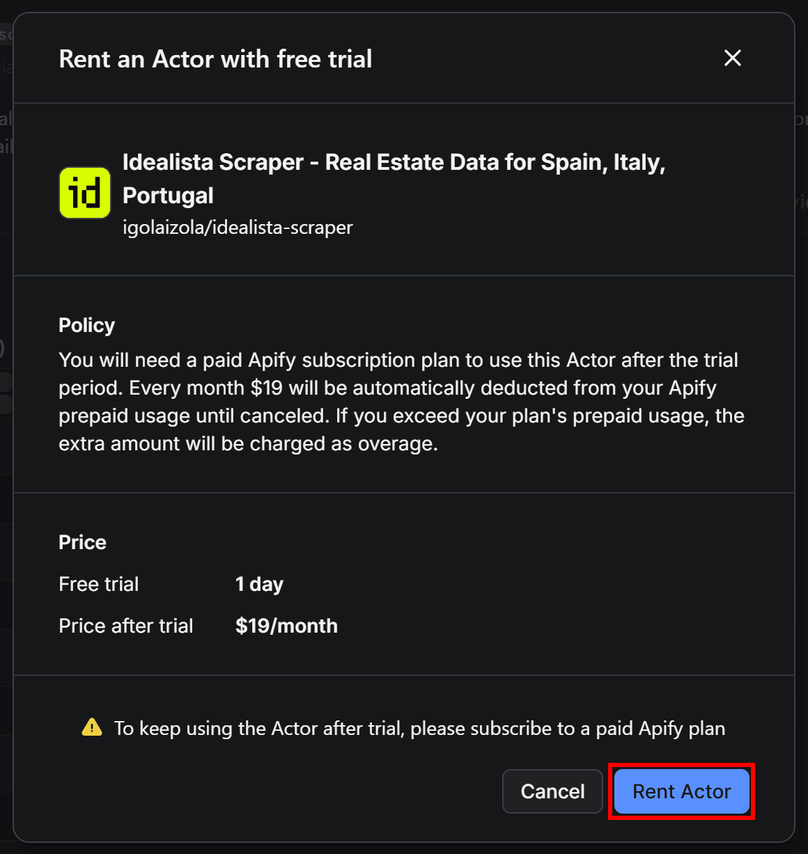 Clicking the Rent Actor button