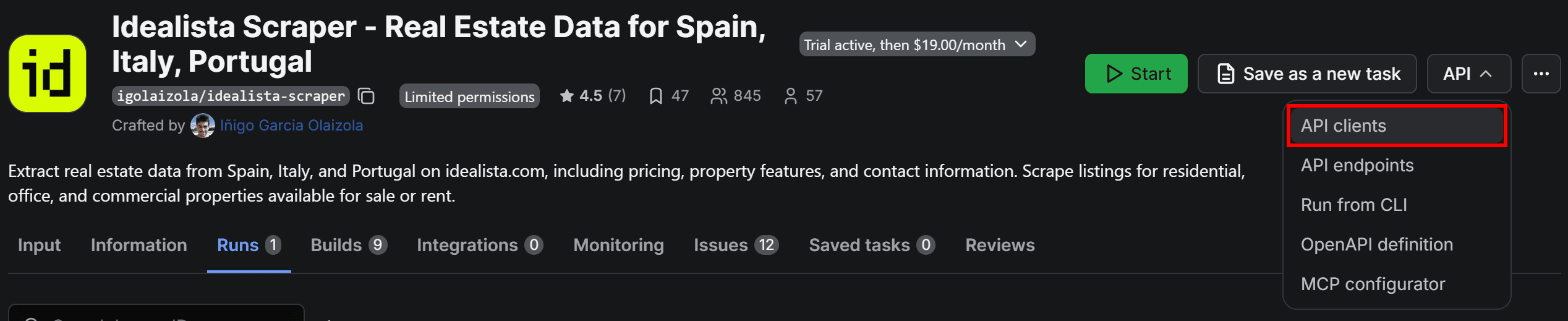 Choosing the API clients option