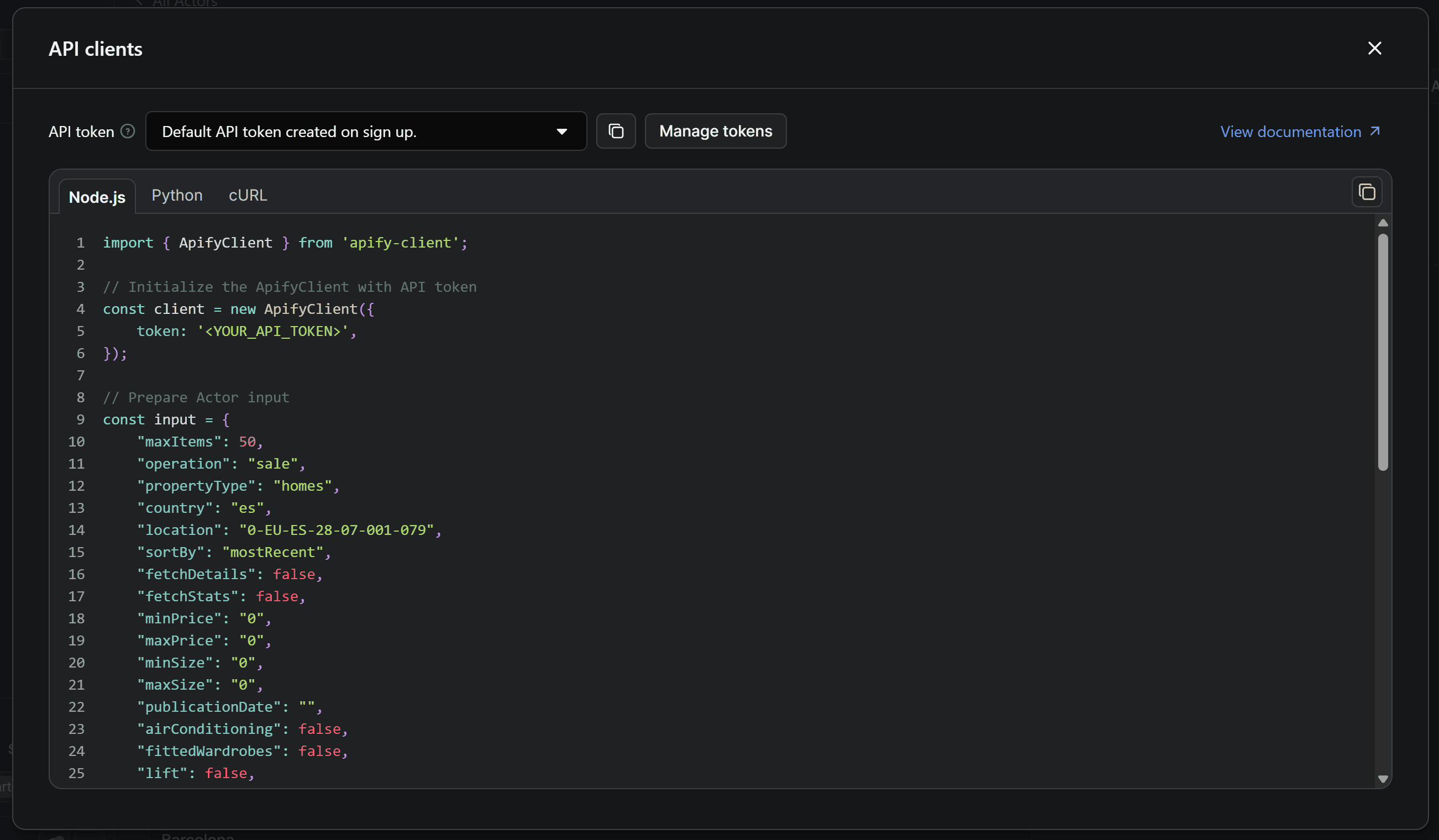 The API clients modal