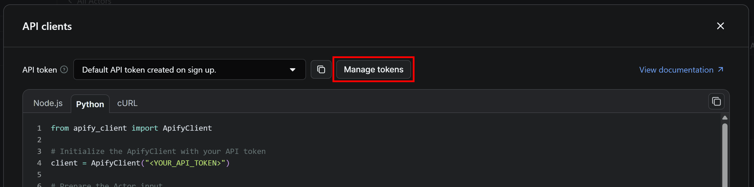 Pressing the Manage tokens button