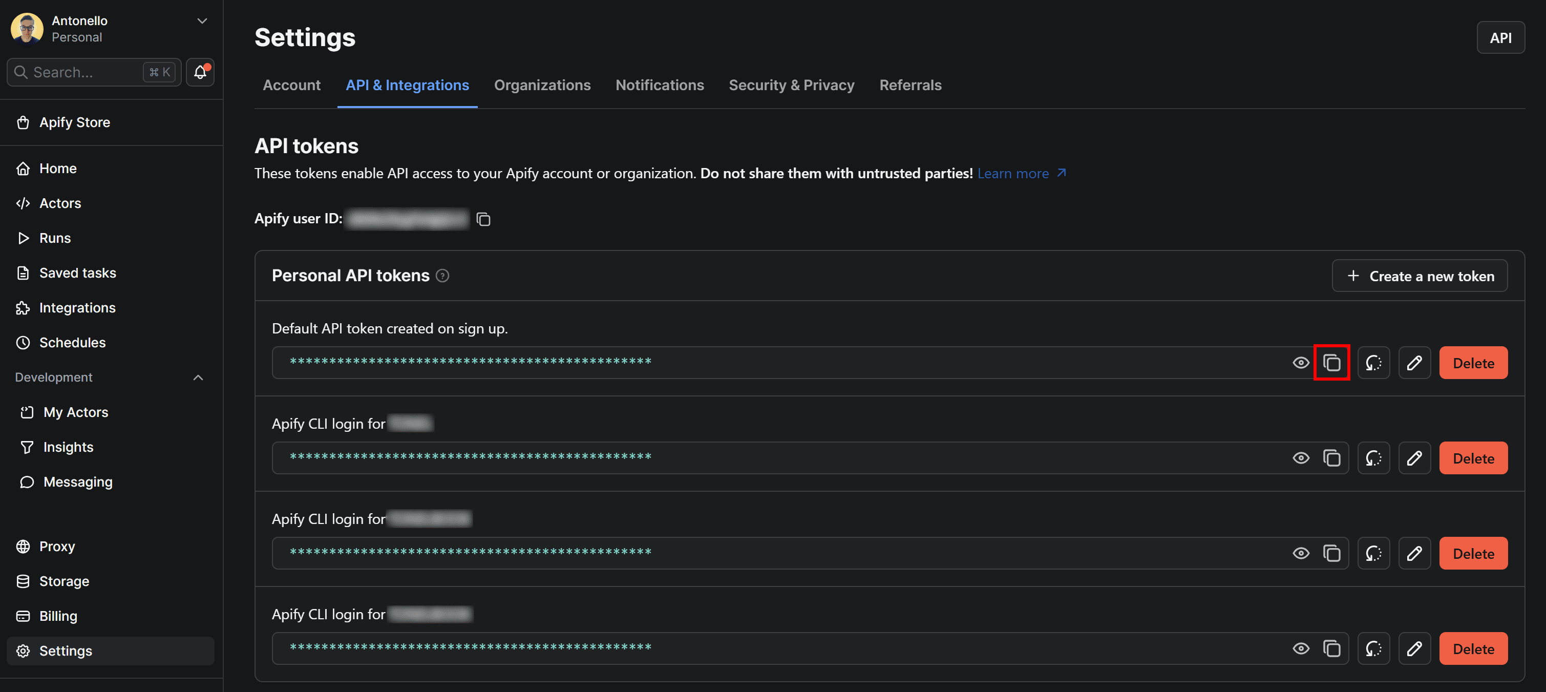 Copying your Apify API token to the clipboard