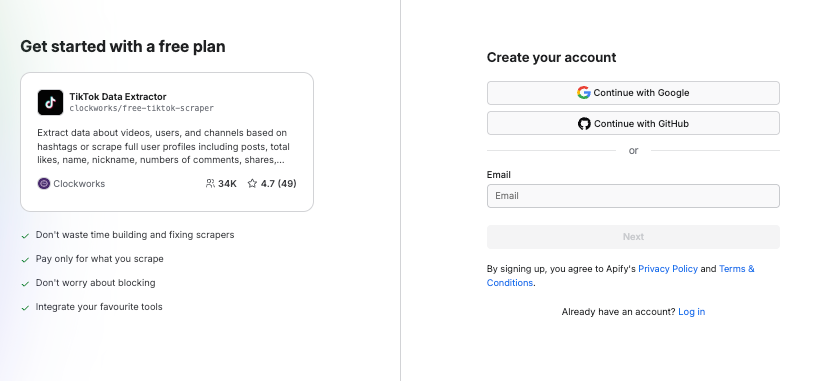 Sign up for free using your email, Gmail or GitHub account