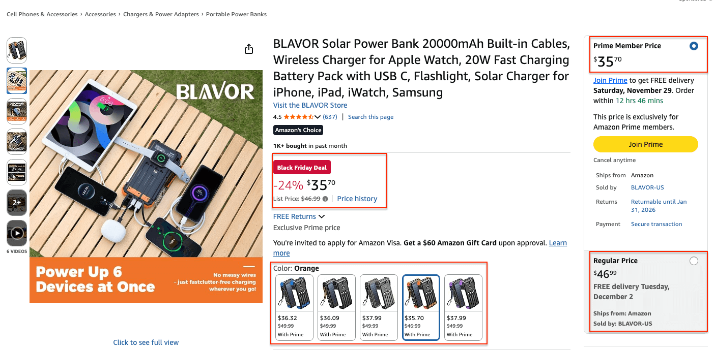 Amazon product page with different prices offered
