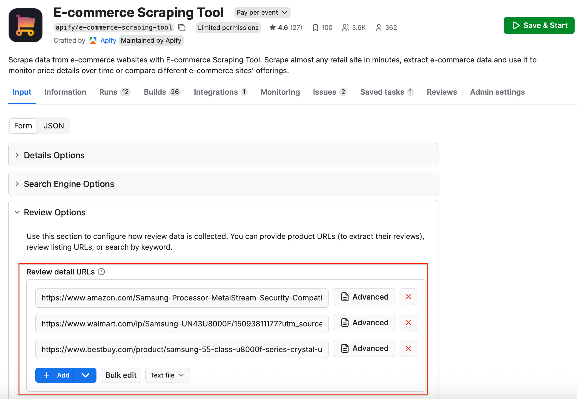E-commerce Scraping Tool input - review detail URLs