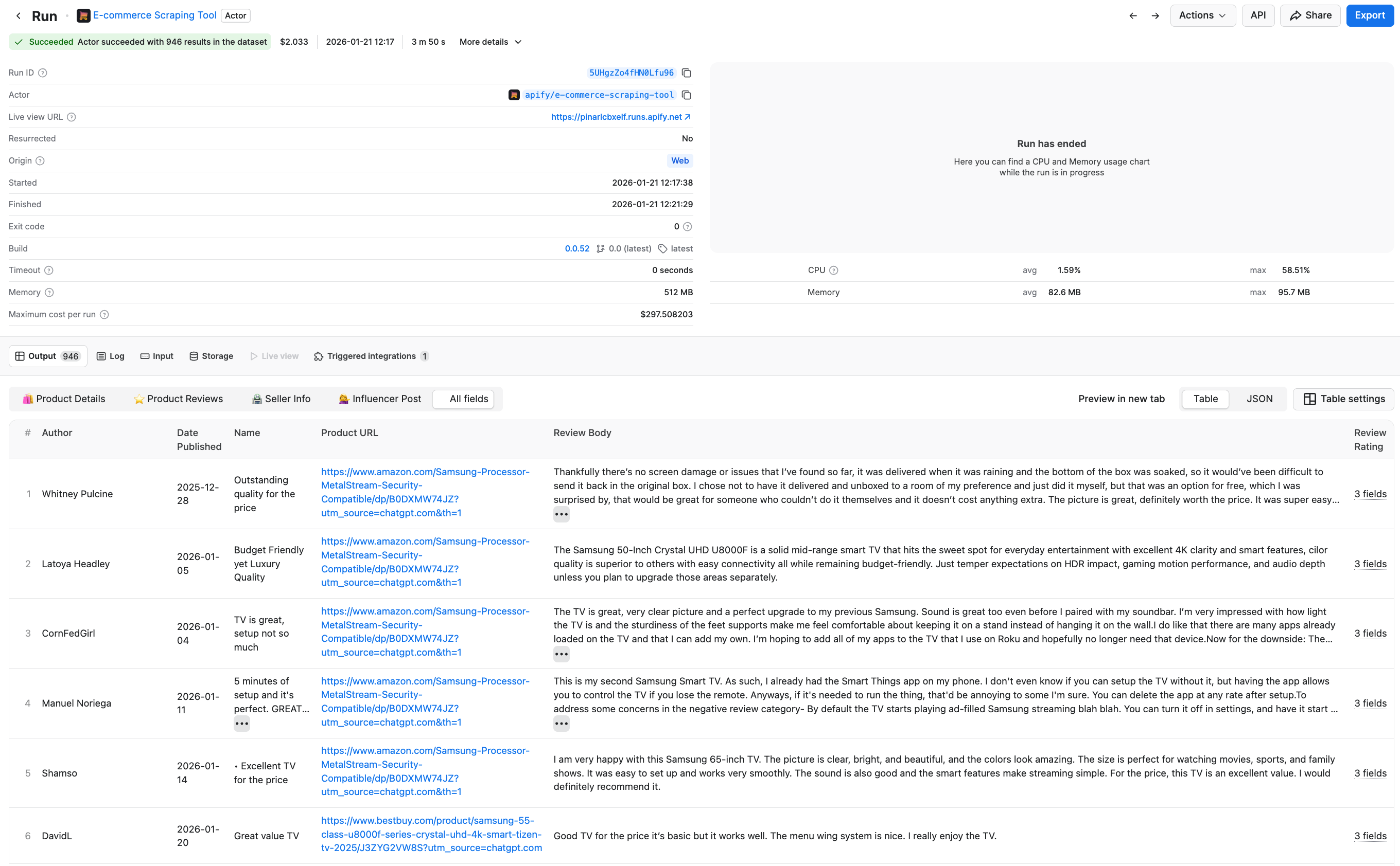 E-commerce Scraping Tool - scraping results preview