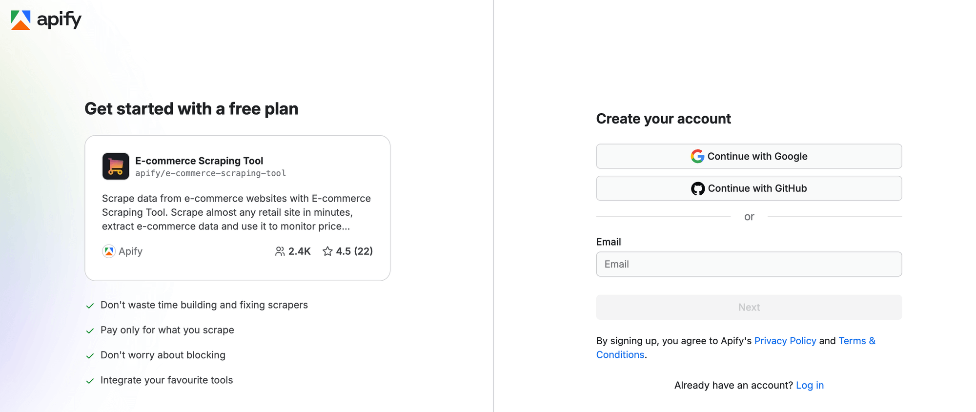 Apify Console sign in page