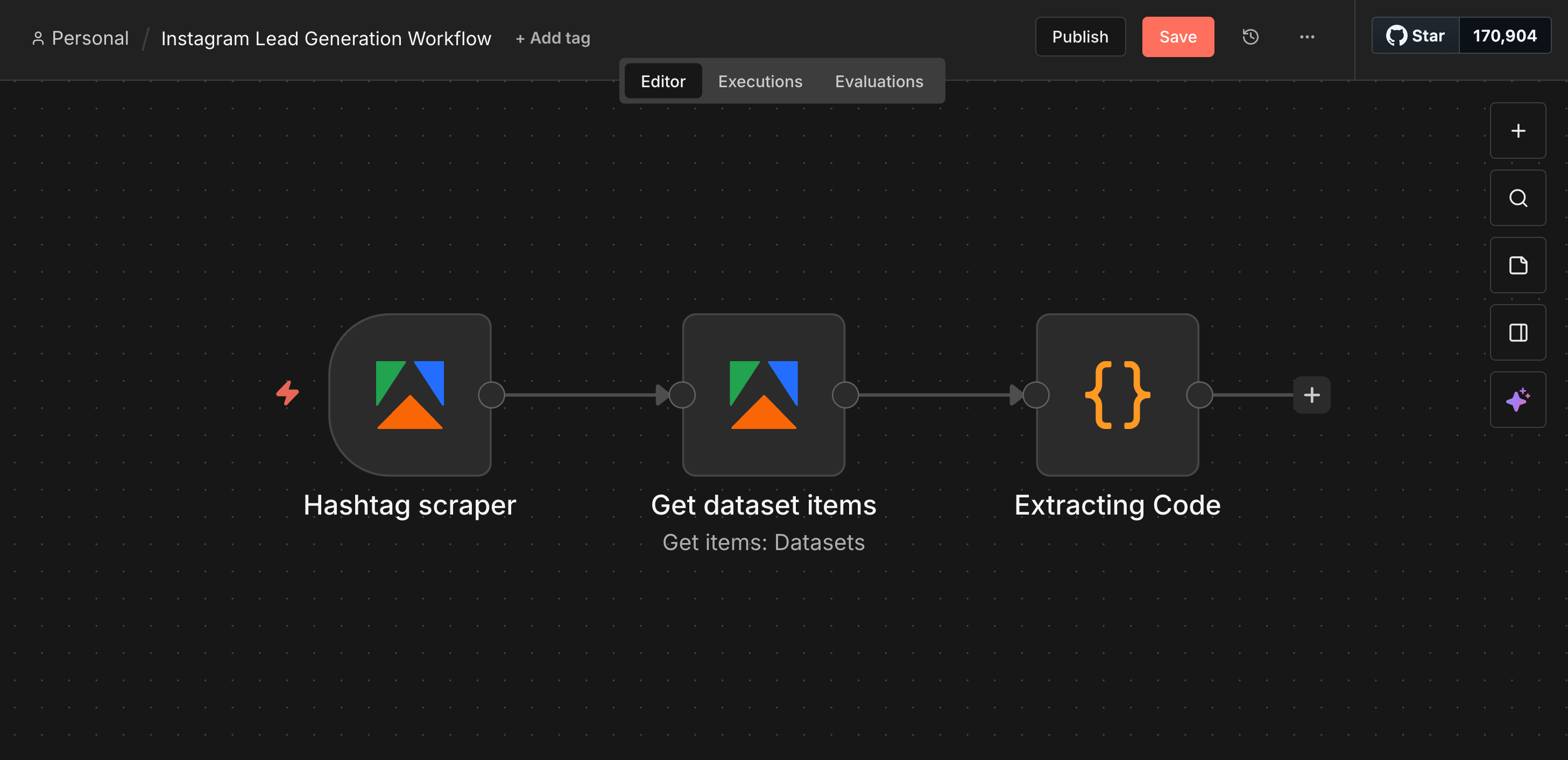 The workflow with code to extract items needed from the Hashtag Scraper