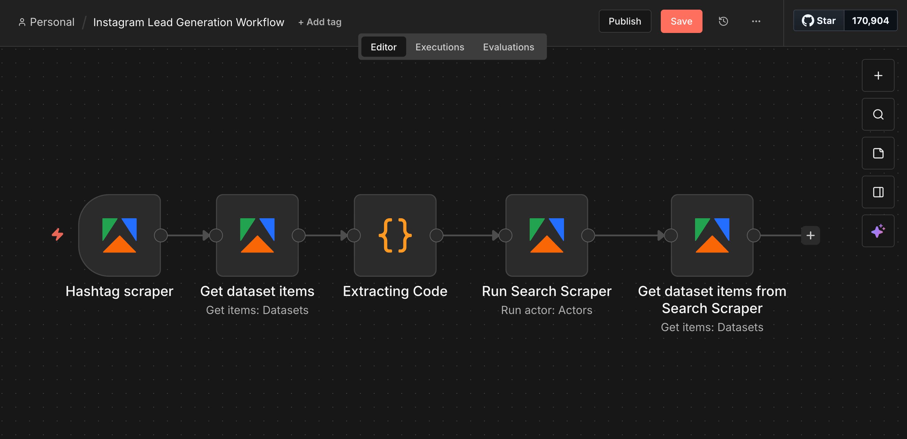 The workflow that runs Hashtag Scraper, extracting data from it to run the Search scraper and retrieve that data.