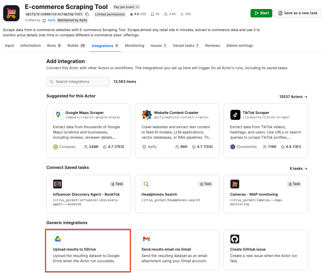 Selecting Google Drive integration for E-commerce Scraping Tool 