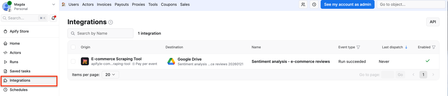 Apify Console's integrations panel