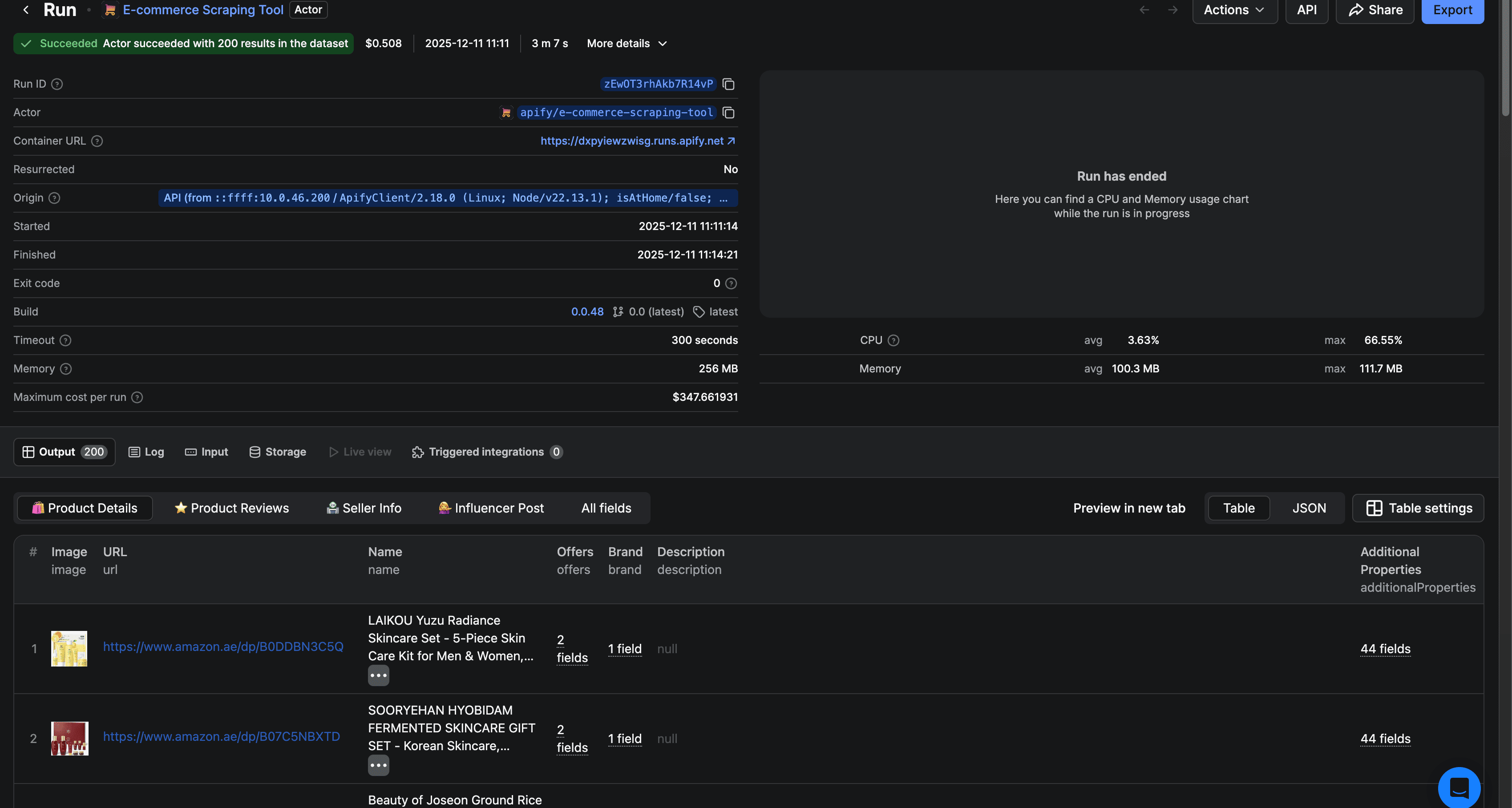 MCP server calls logged in Apify Console