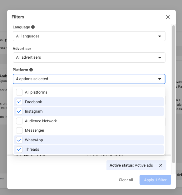 Meta Ads Library filtering options