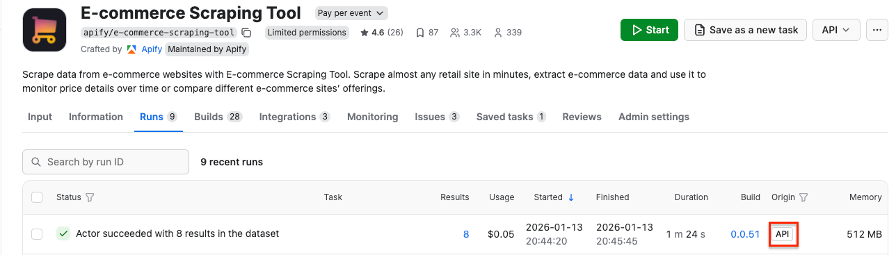 E-commerce Scraping Tool - successful API run