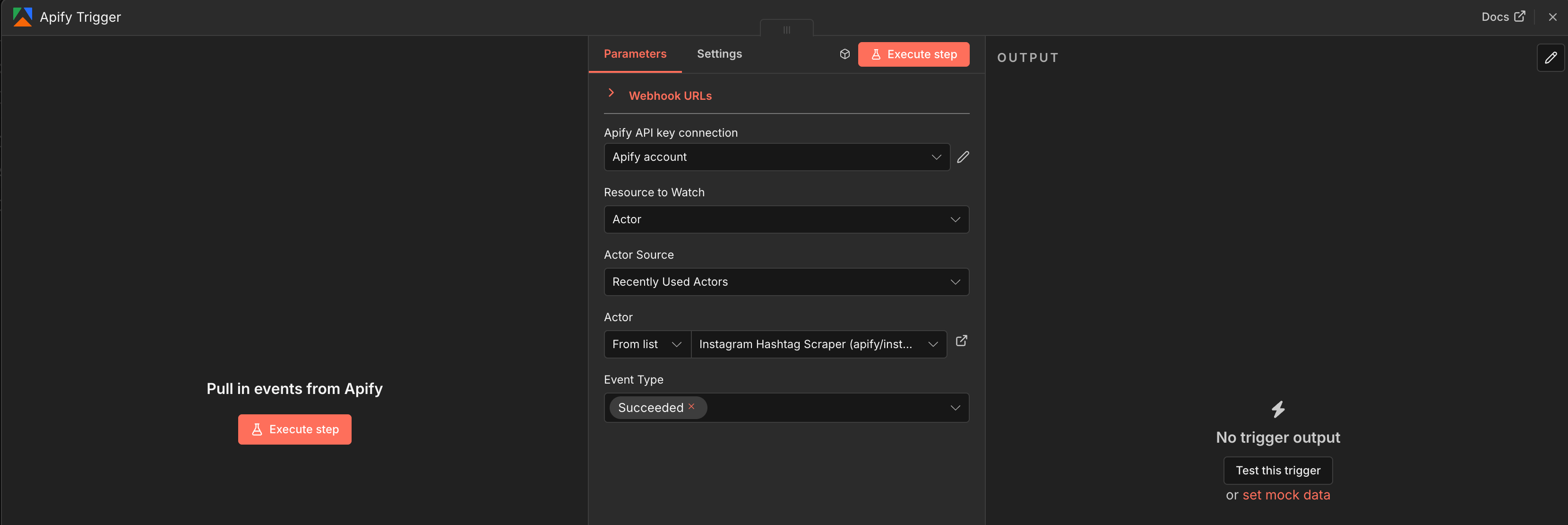Configuring the details for Apify trigger on n8n