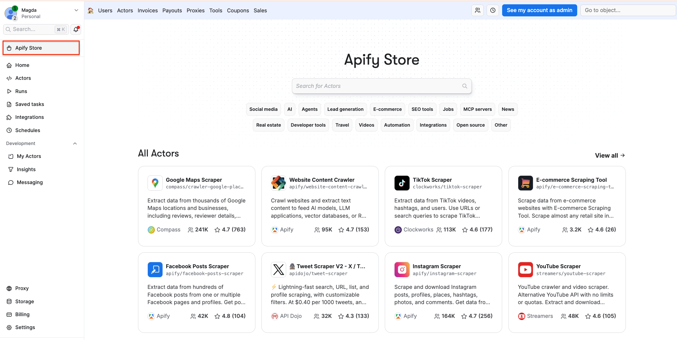 Apify Store with over 10,000 automation tools and scrapers